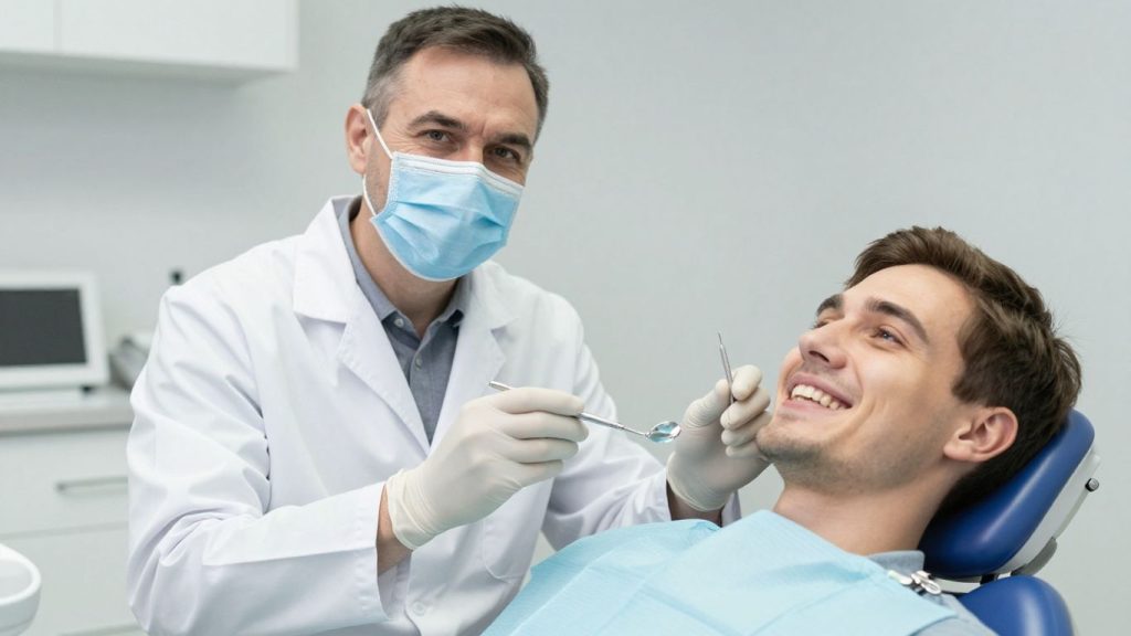 Dentist and patient during a dental check-up.