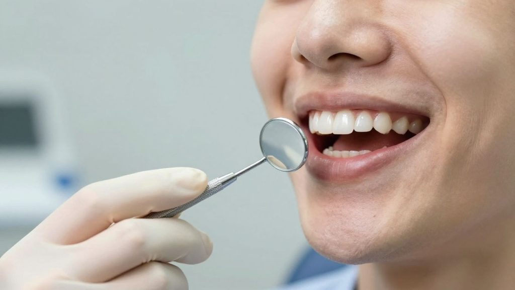 Person smiling with healthy teeth at dentist appointment.