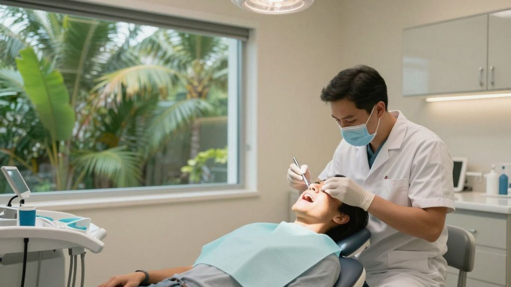 Patient receiving a careful oral examination