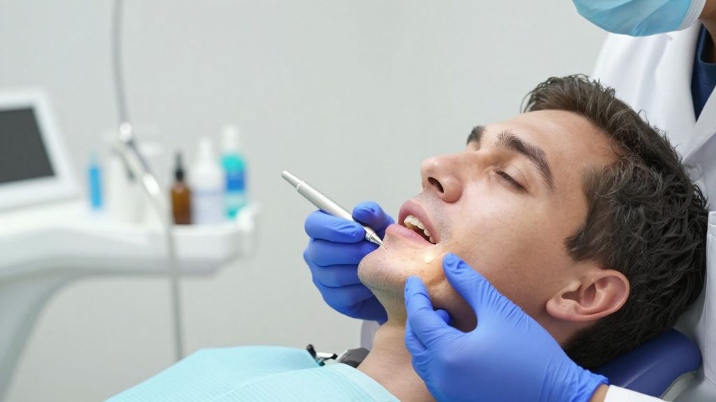 Patient receiving a gentle jaw examination